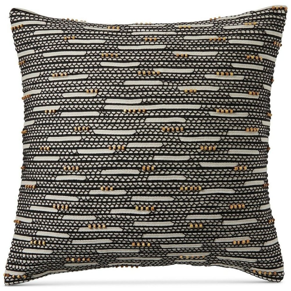 Hotel Collection Global Stripe Beaded 100% Linen 22" Decorative Pillow - Black